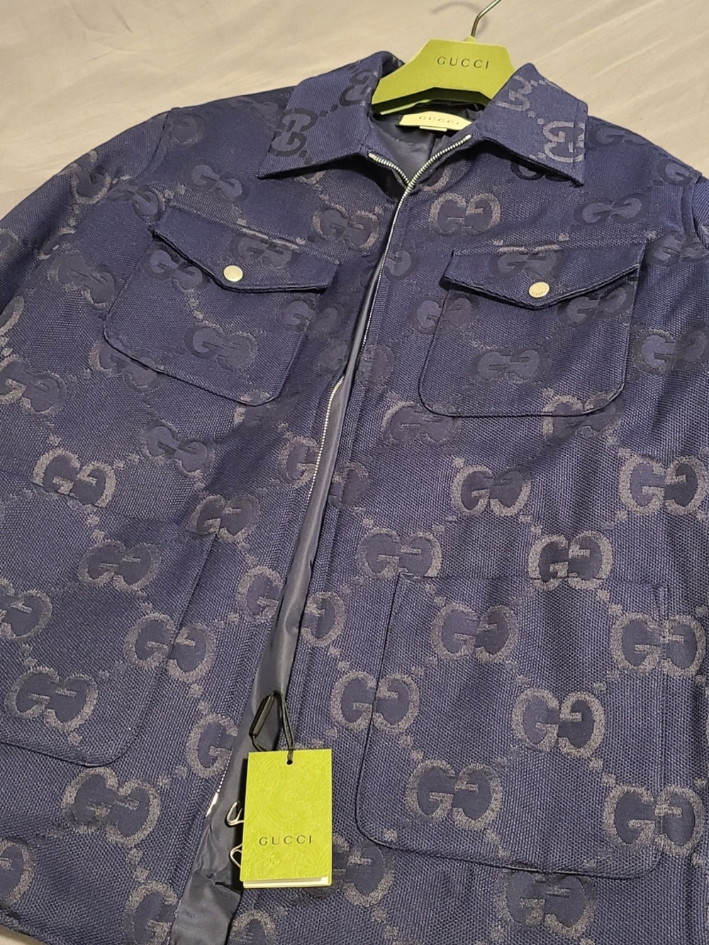 Gucci Men's Navy GG Jacquard Zip Shirt Jacket